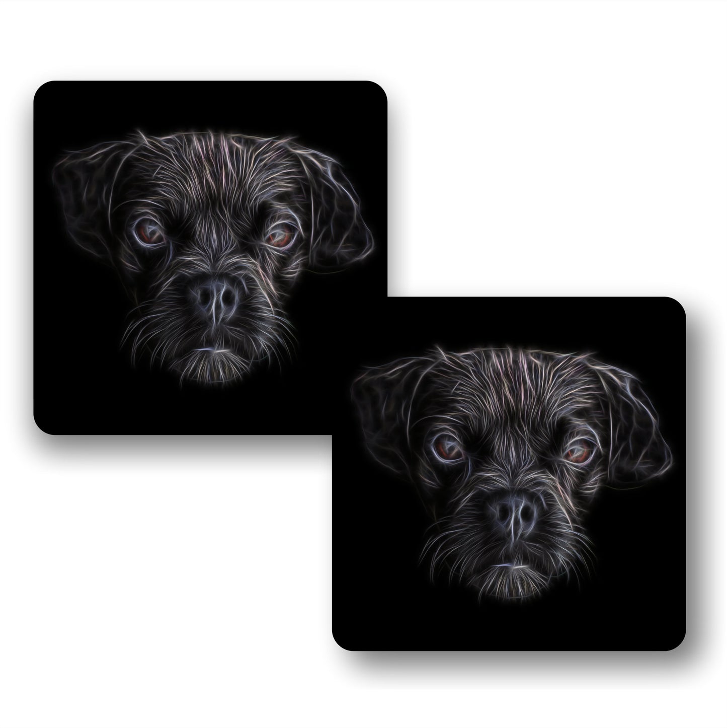 Black Puggle Coasters, Set of 2, with Stunning Fractal Art Design.