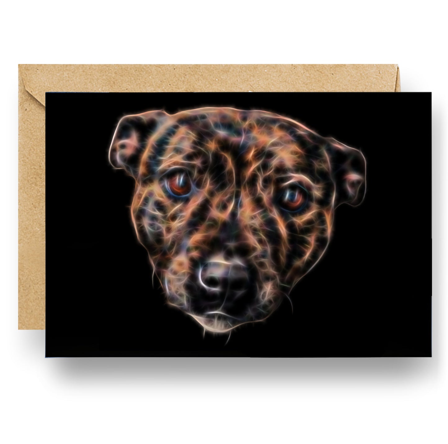 Brindle Staffordshire Bull Terrier  Greeting Card with Stunning Fractal Art Design. (Blank Inside) Brindle Staffy Card