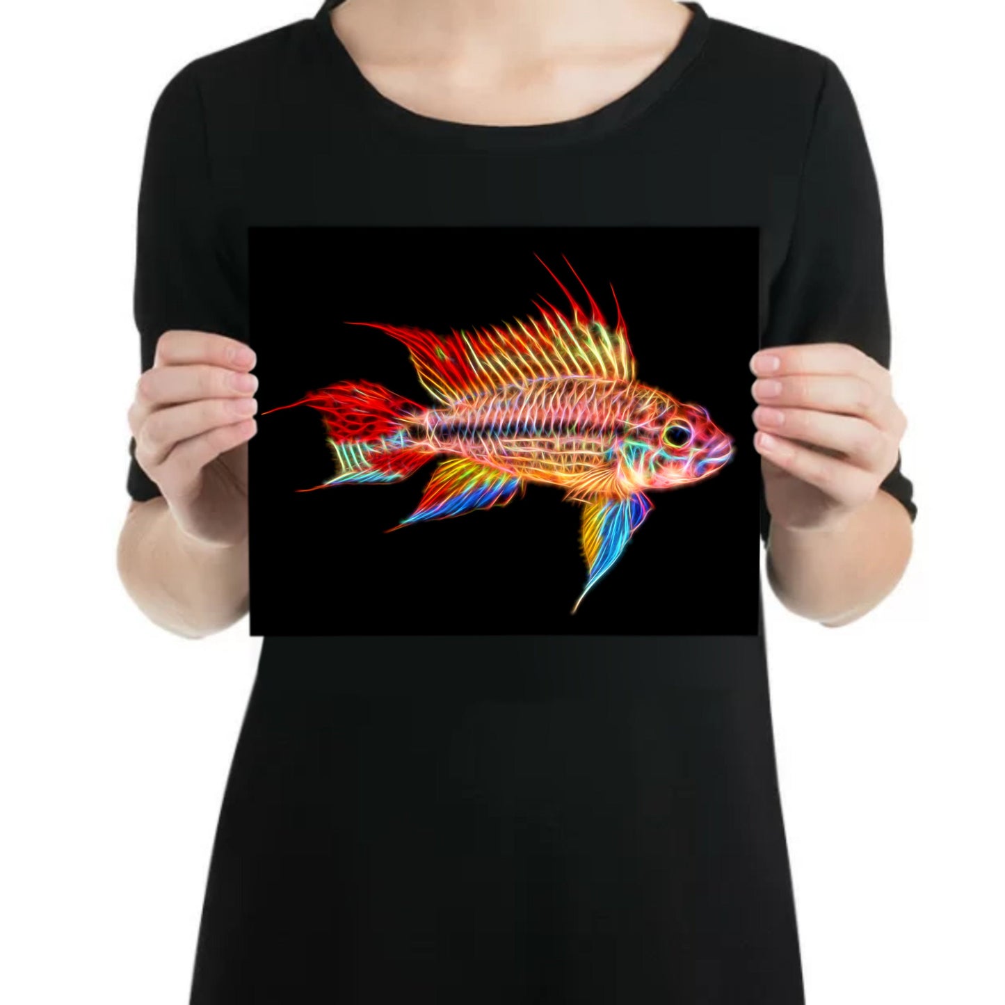 Super Red Cockatoo Dwarf Cichlid Fish Print with Stunning Fractal Art Design. Size 8 x 10 inches