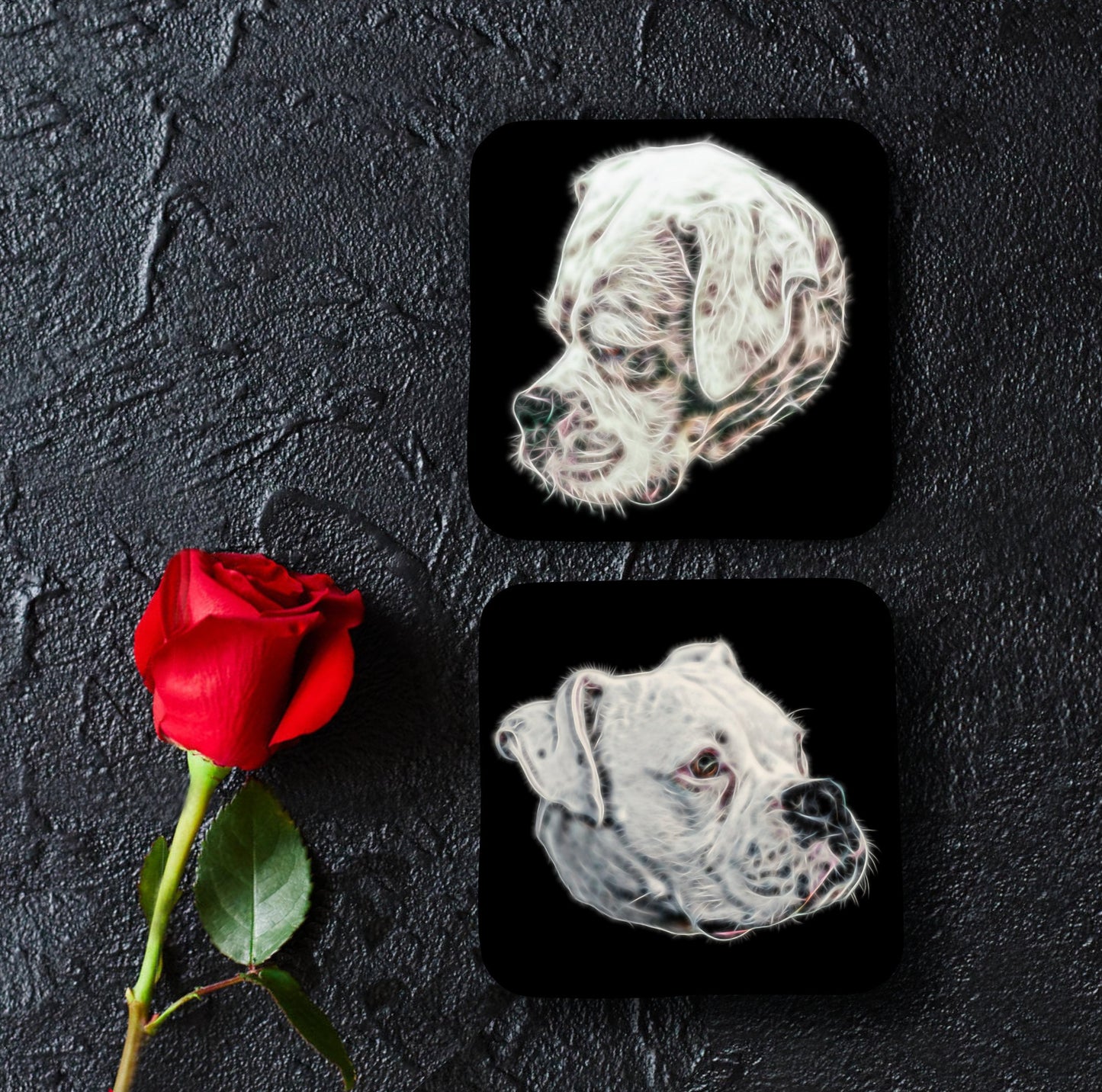 White Boxer Dog Coasters, Set of 2, with Stunning Fractal Art Design.