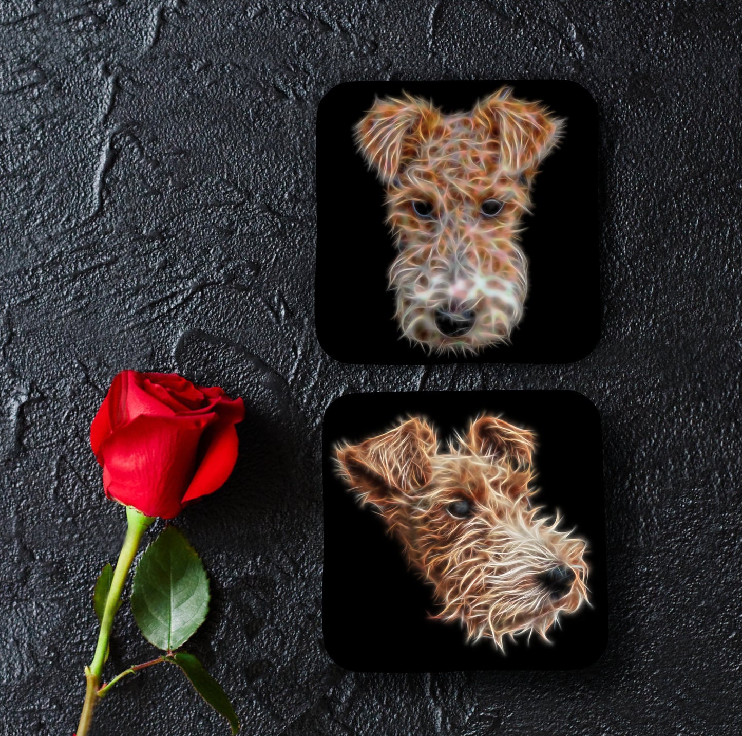 Wire Hair Fox Terrier Coasters, Set of 2, with Stunning Fractal Art Design.