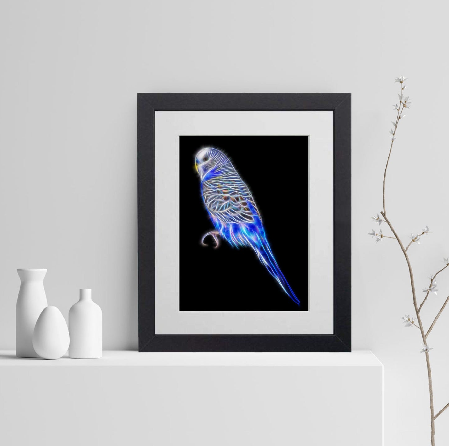 Budgie Print with Stunning Fractal Art Design. Blue or Green Budgerigar available.