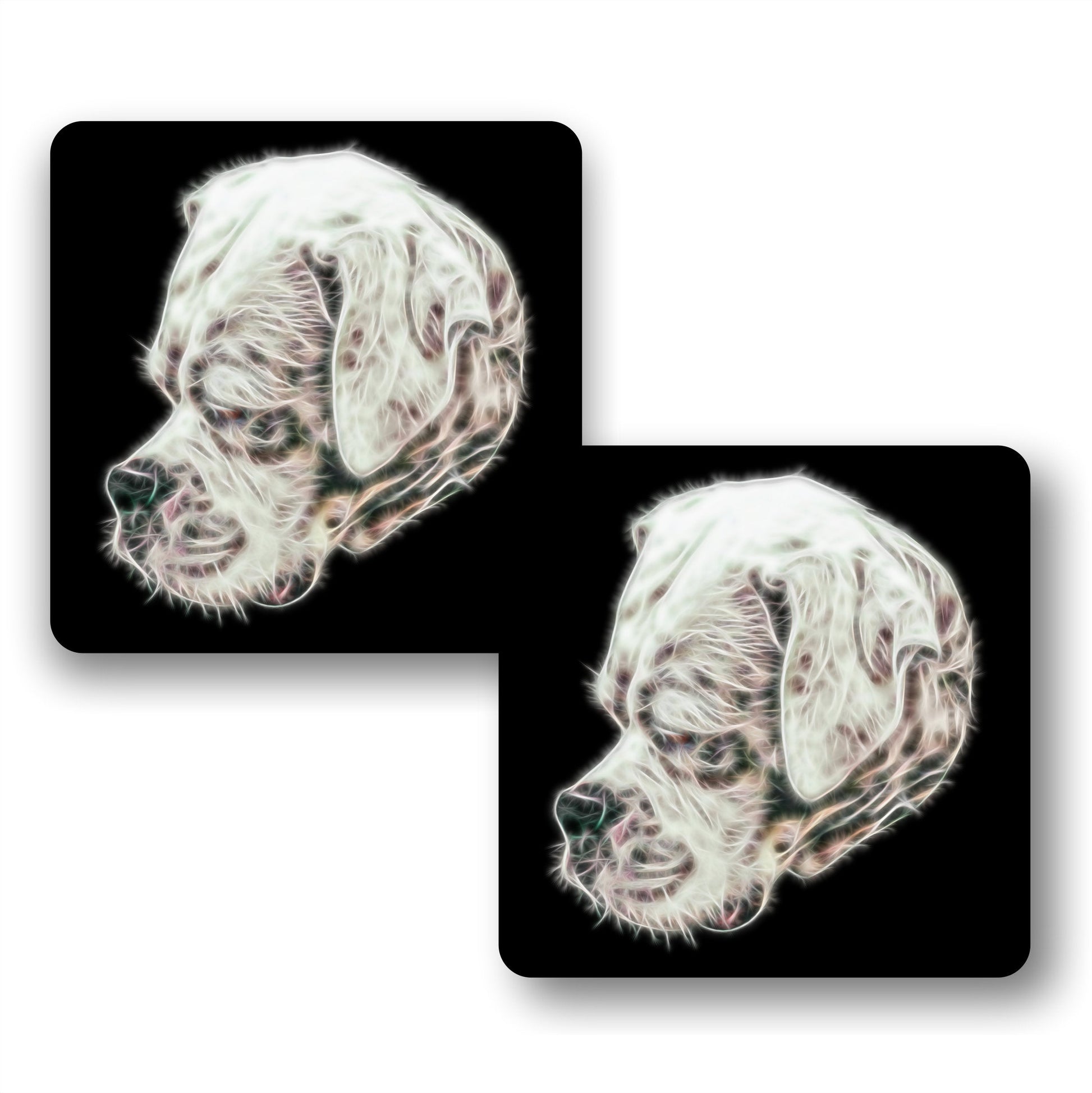 White Boxer Dog Coasters, Set of 2, with Stunning Fractal Art Design.
