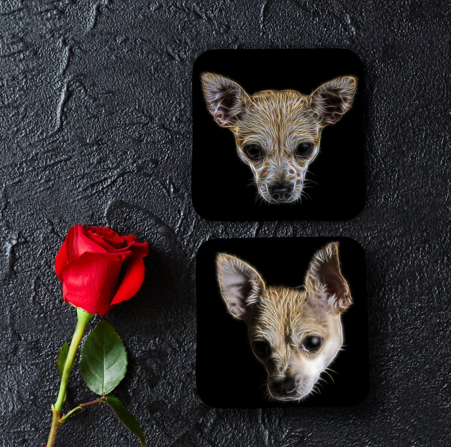 Cream Chihuahua Coasters, Set of 2, with Fractal Art Design.