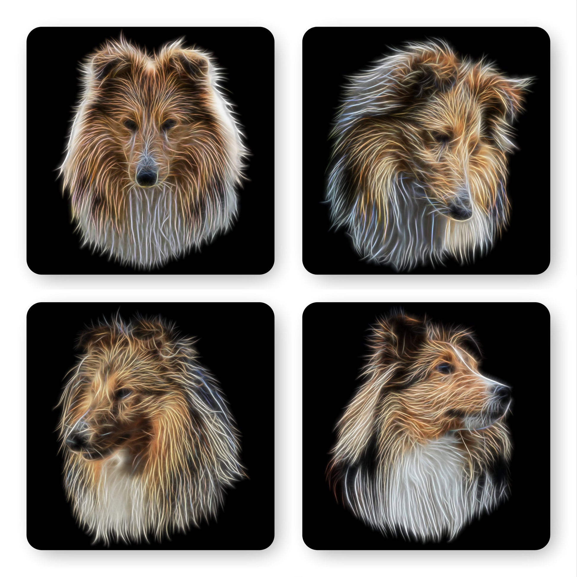 Shetland Sheepdog Coasters, Set of 4, with Stunning Fractal Art Design. Perfect Dog Owner Gift.