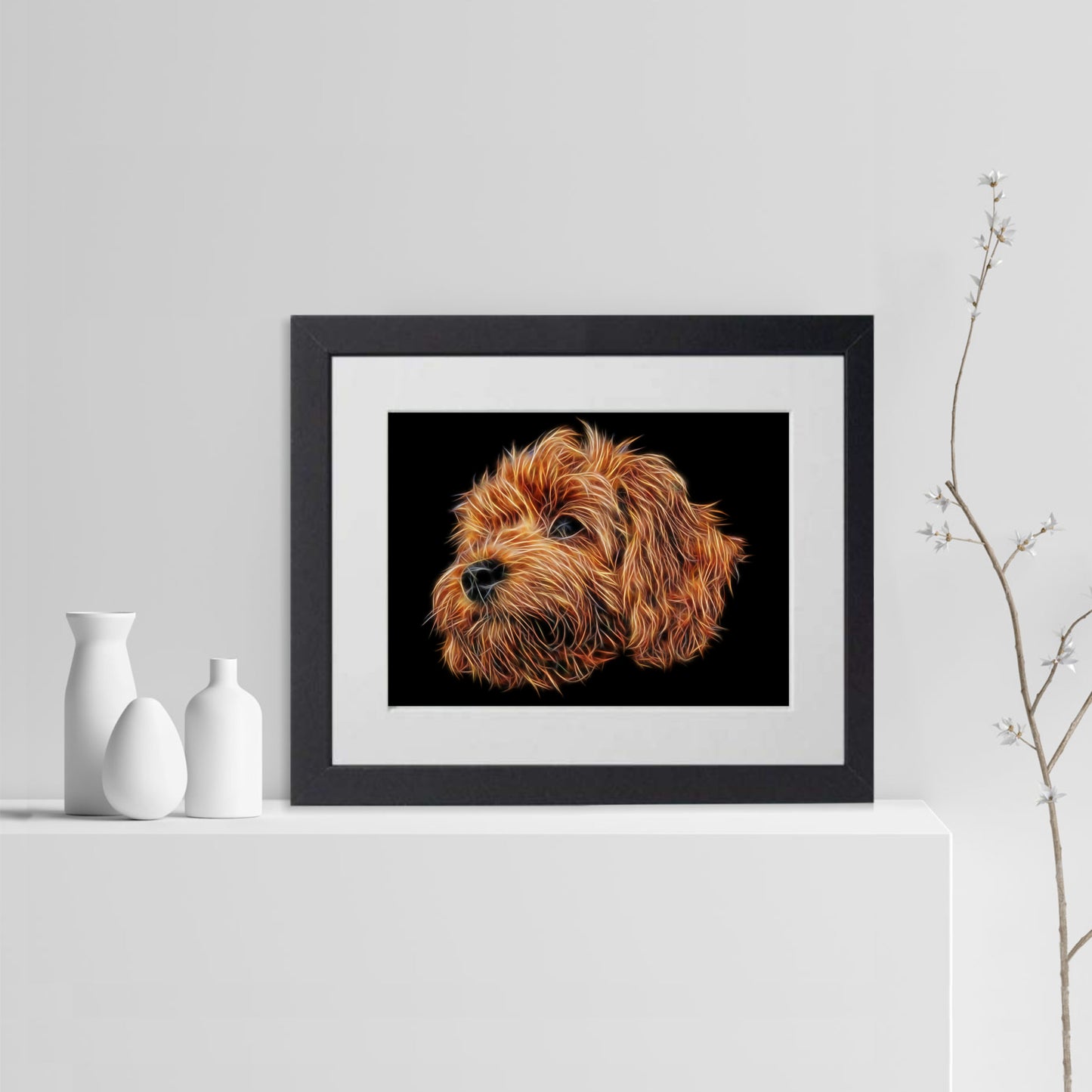 Red Cavapoo Print with Stunning Fractal Art Design. Various Sizes Available