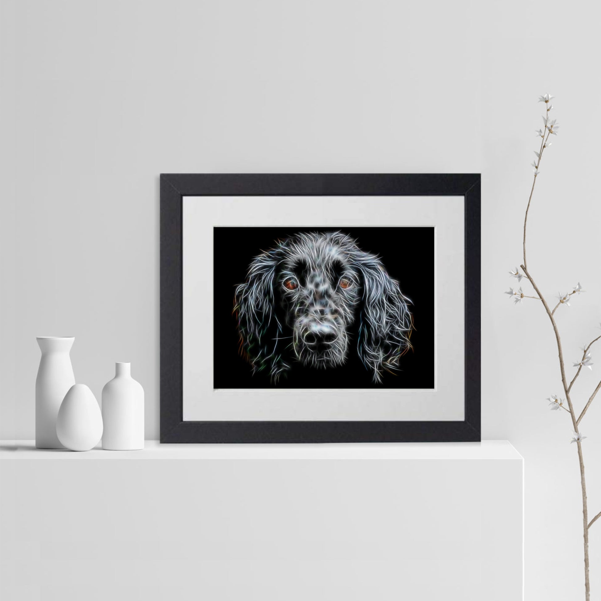 Black Working Cocker Spaniel Print with Stunning Fractal Art Design. Various Sizes Available