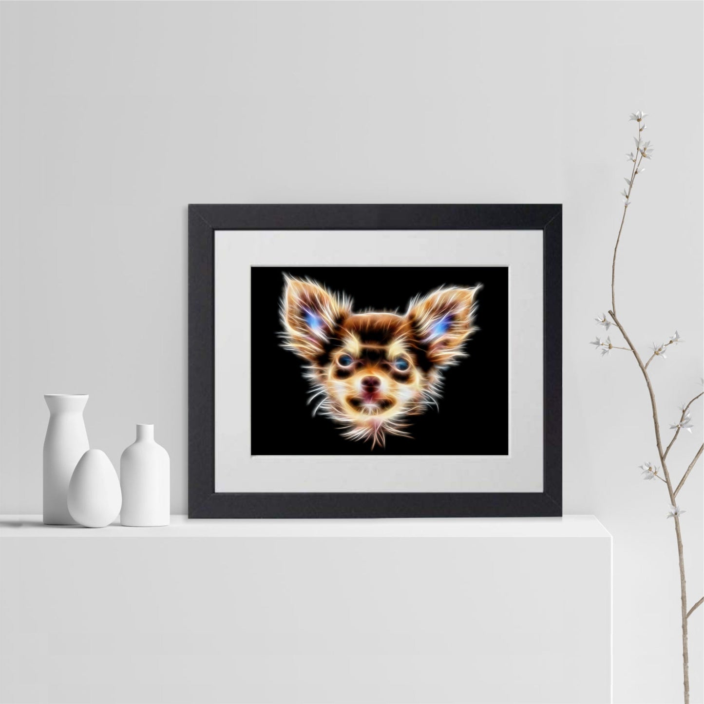 Chocolate and Tan Long Haired Chihuahua Print with Stunning Fractal Art Design. Various Sizes Available