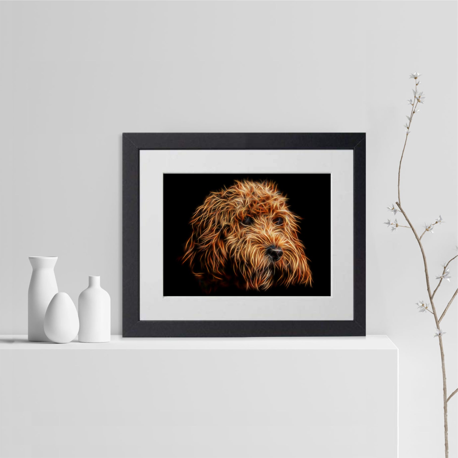 Red Cockapoo Print with Stunning Fractal Art Design. Various Sizes Available
