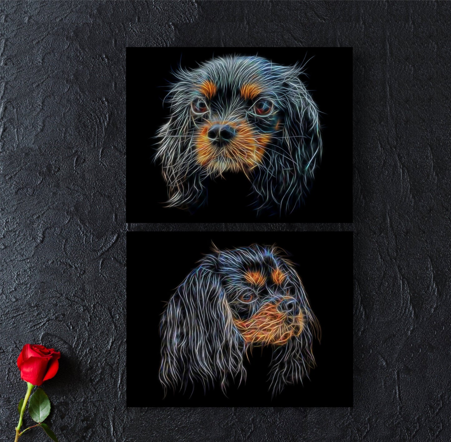 Black and Tan King Charles Spaniel Print with Stunning Fractal Art Design. Various Sizes Available