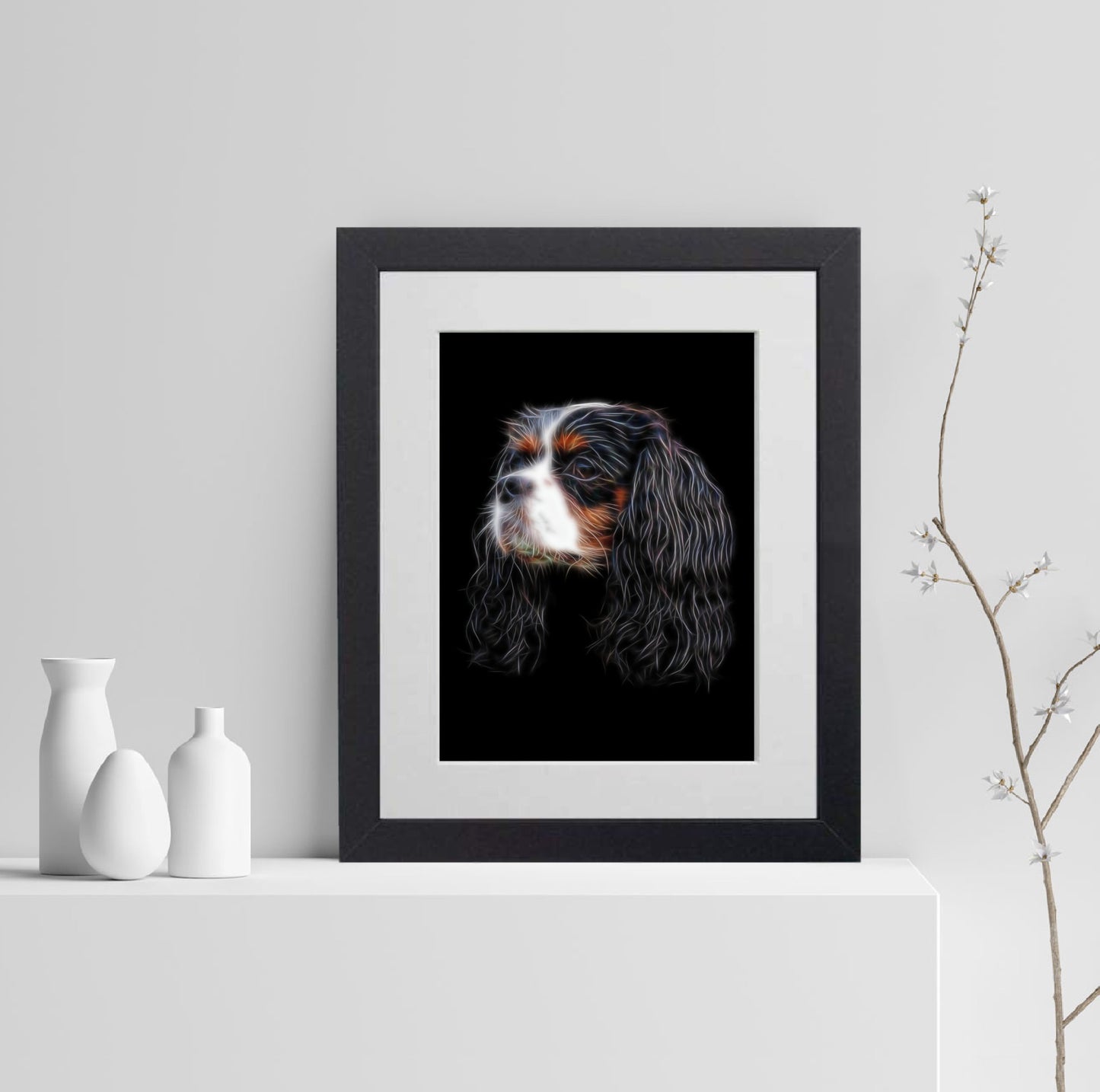 Tricolour King Charles Spaniel Print with Stunning Fractal Art Design. Various Sizes Available