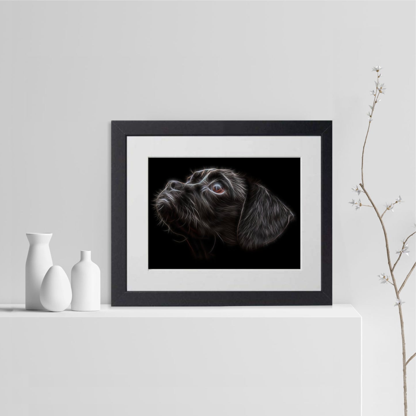 Black Puggle Print with Stunning Fractal Art Design. Various Sizes Available