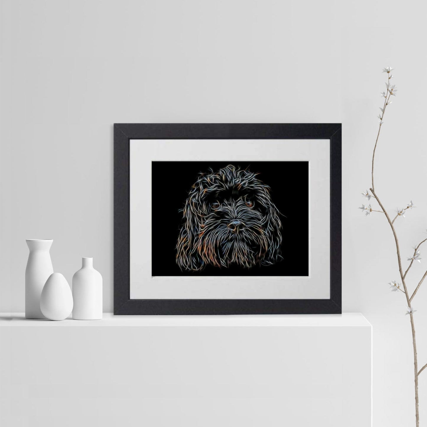Black Cavapoo Print with Stunning Fractal Art Design. Various Sizes Available