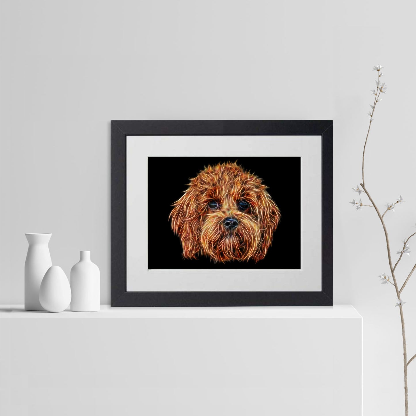 Red Cavapoo Print with Stunning Fractal Art Design. Various Sizes Available