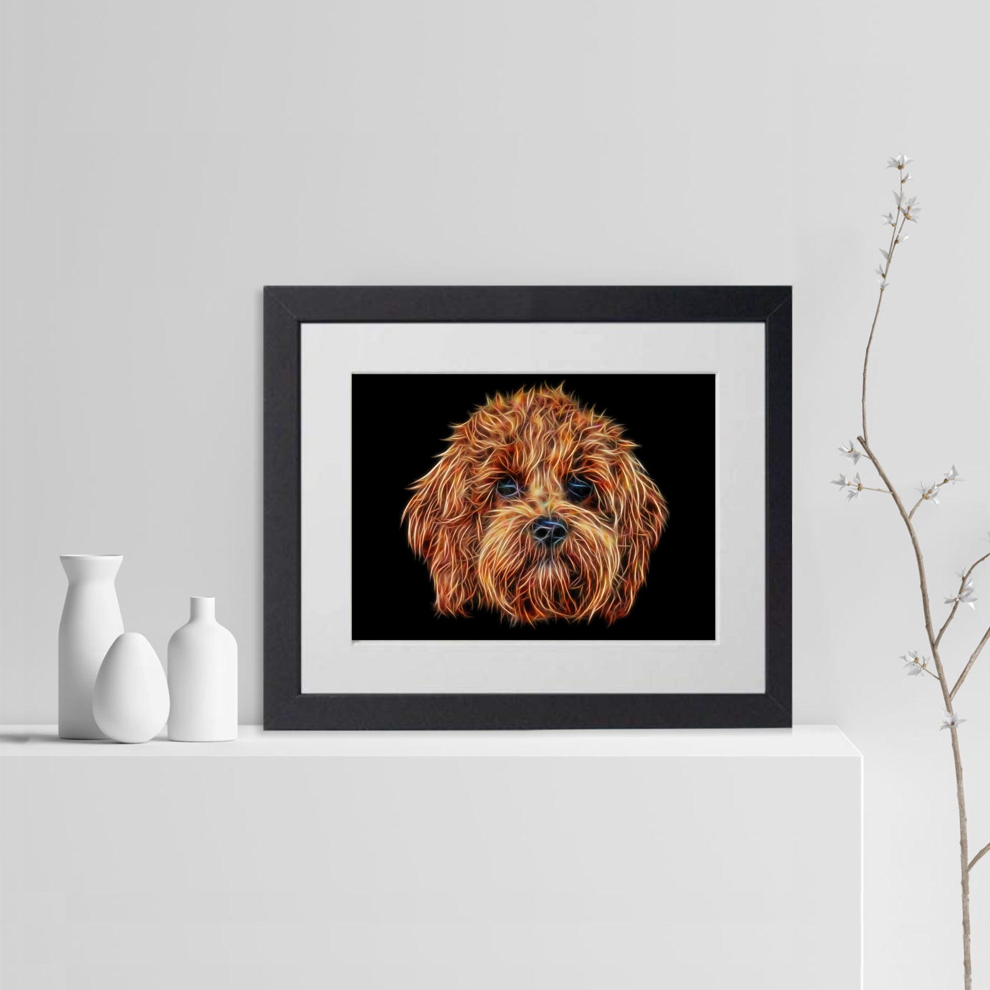 Red Cavapoo Print with Stunning Fractal Art Design. Various Sizes Available