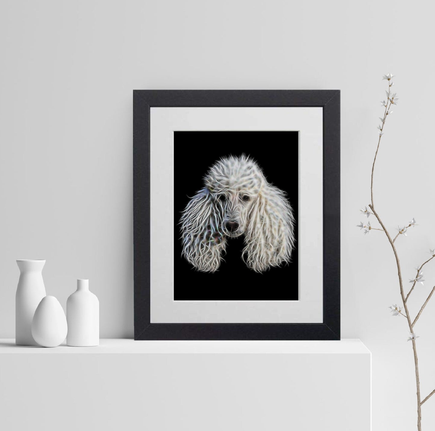 White Poodle Print with Stunning Fractal Art Design. Various Sizes Available