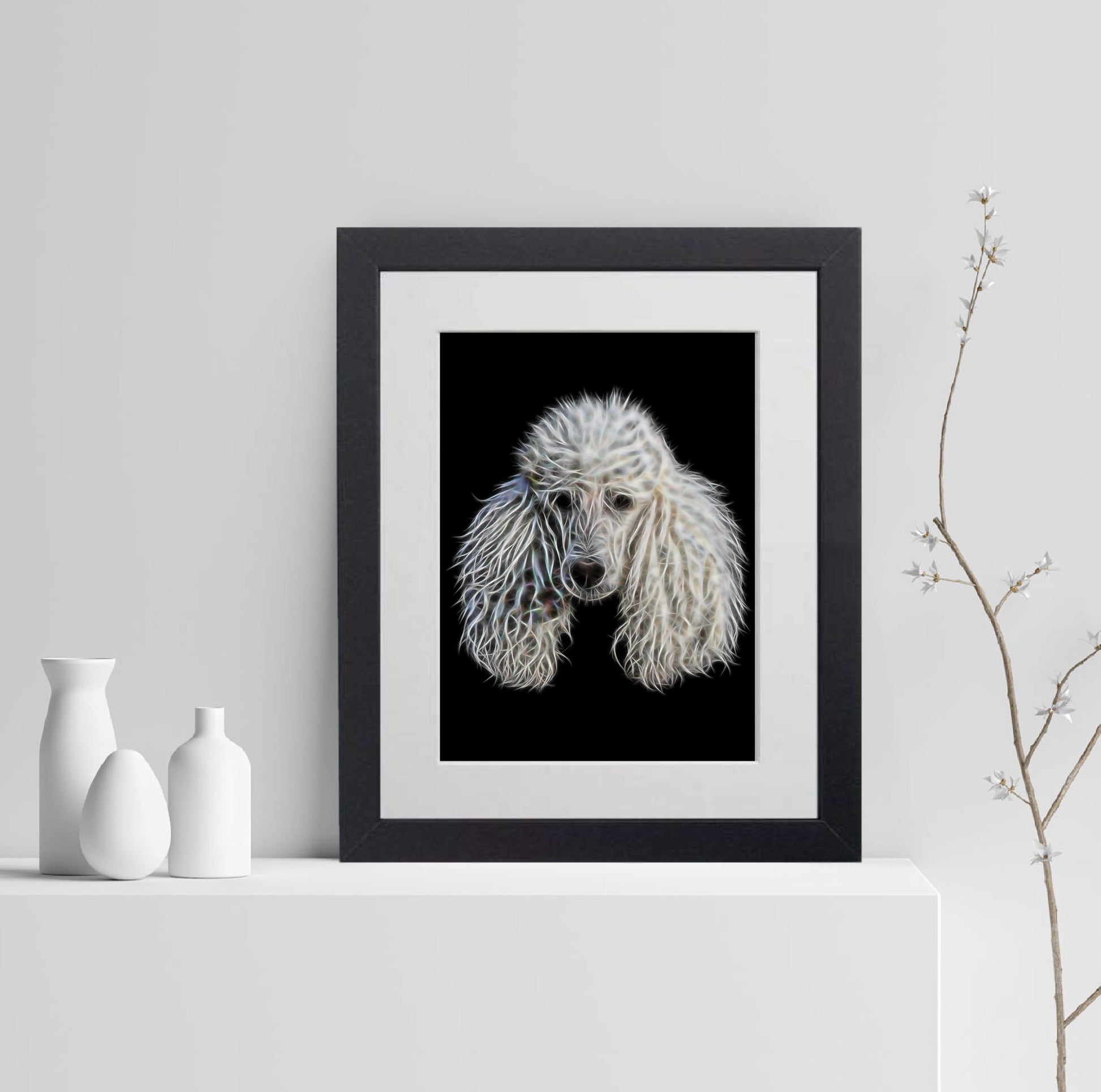 White Poodle Print with Stunning Fractal Art Design. Various Sizes Available