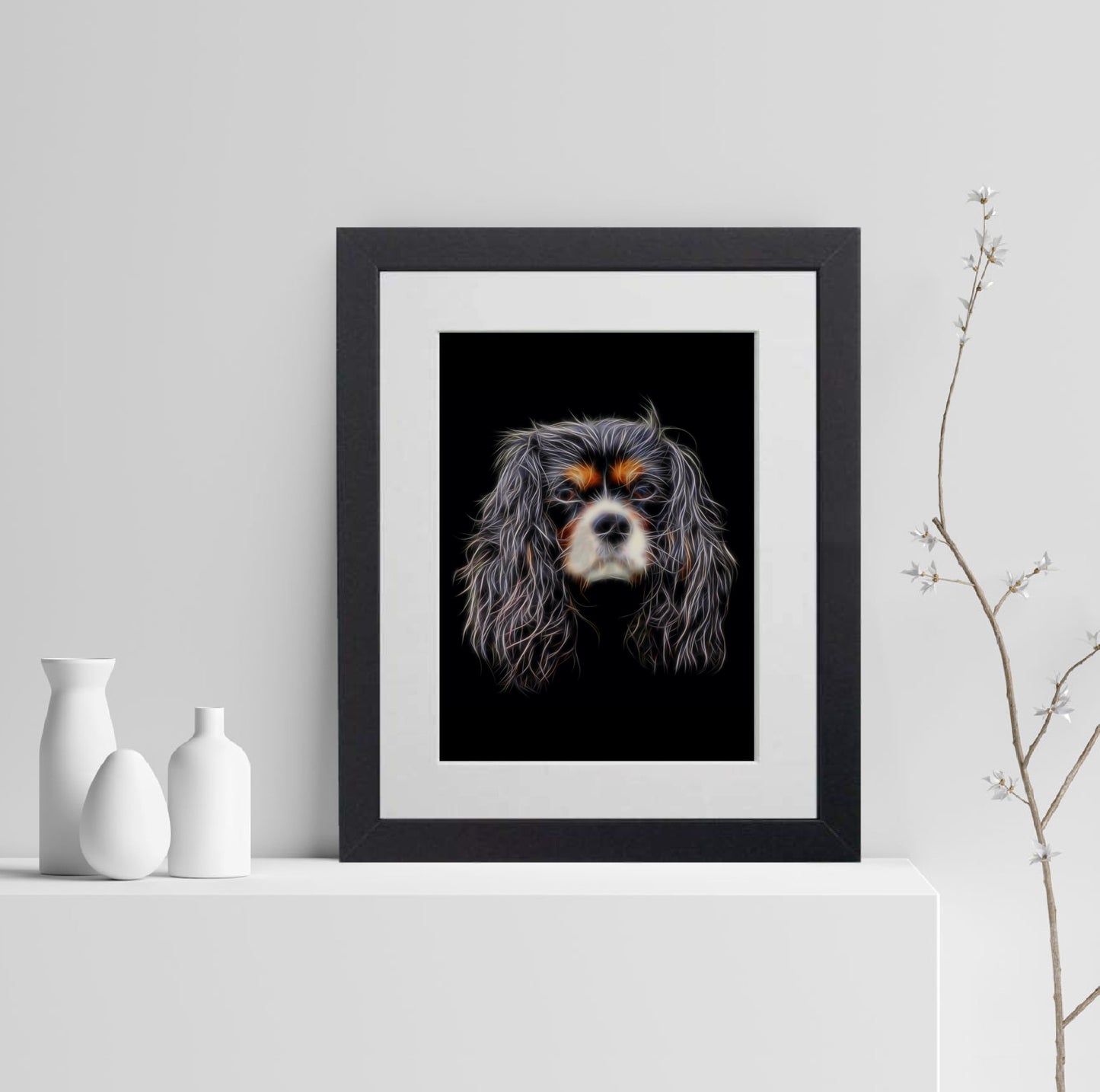 Tricolour King Charles Spaniel Print with Stunning Fractal Art Design. Various Sizes Available