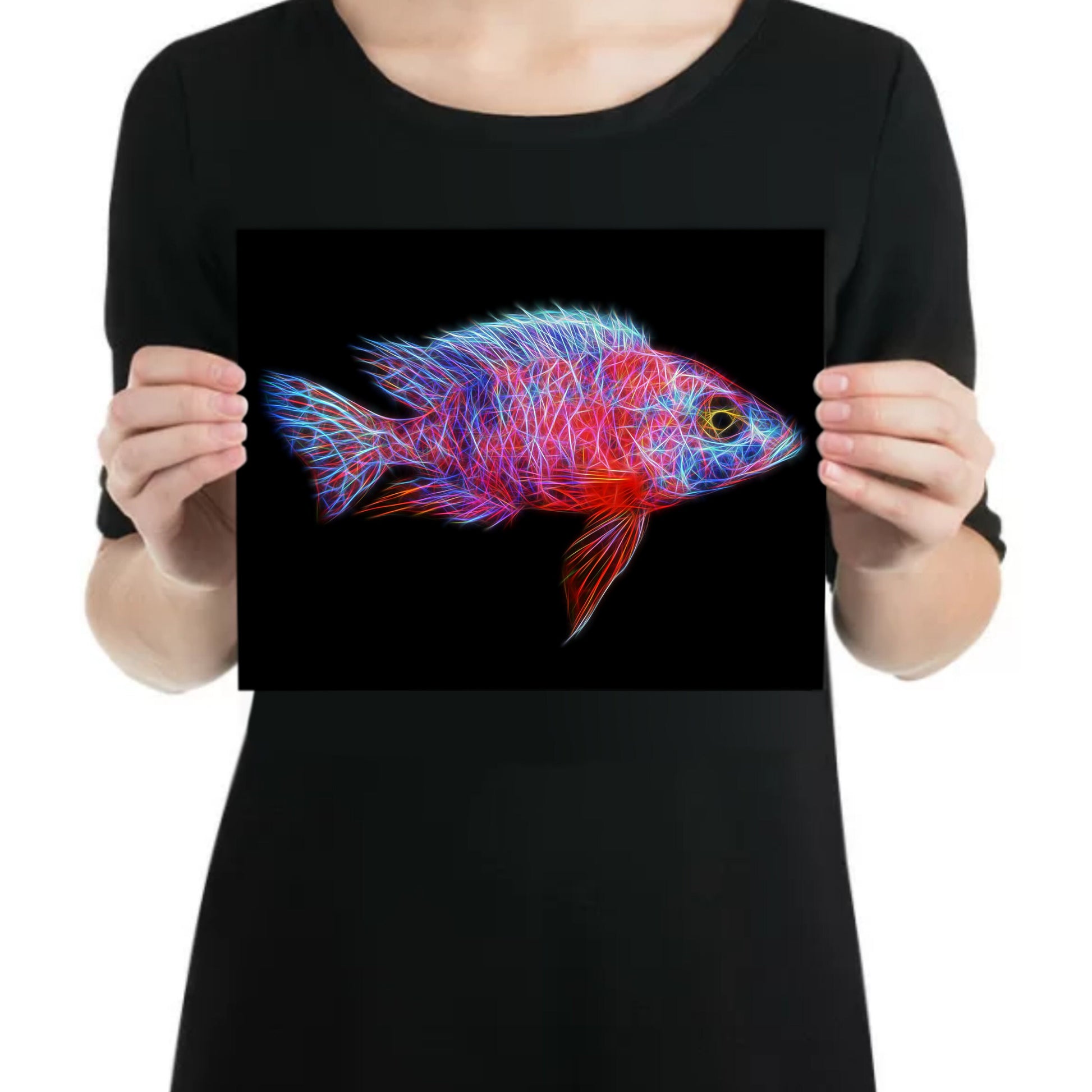 Red OB Peacock Cichlid Metal Wall Plaque with Stunning Fractal Art Design. Aulonocara Sp