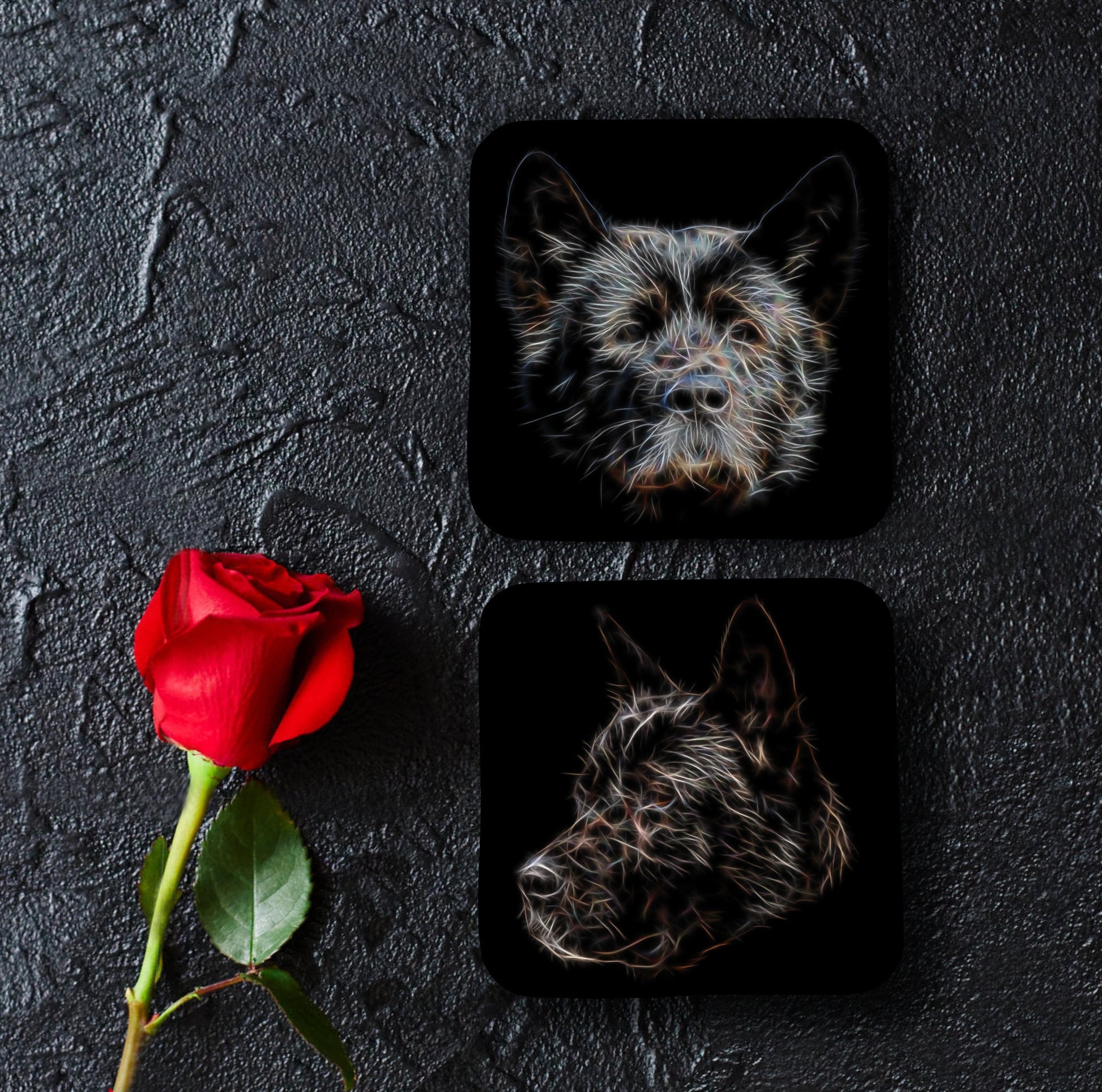 Black American Akita Coasters, Set of 2, with Stunning Fractal Art Design.