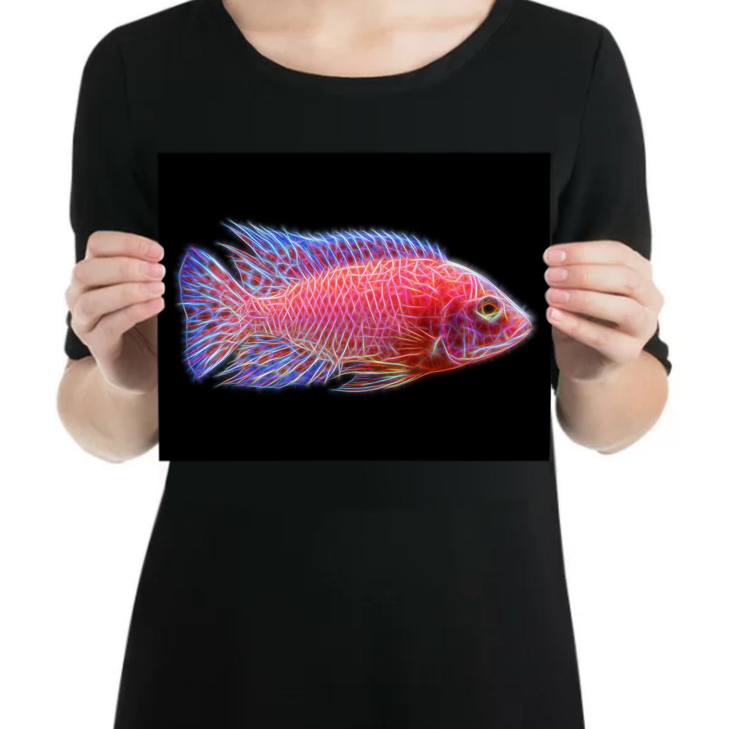 Dragon Blood Peacock Cichlid Metal Wall Plaque with Stunning Fractal Art Design. Aulonocara Sp