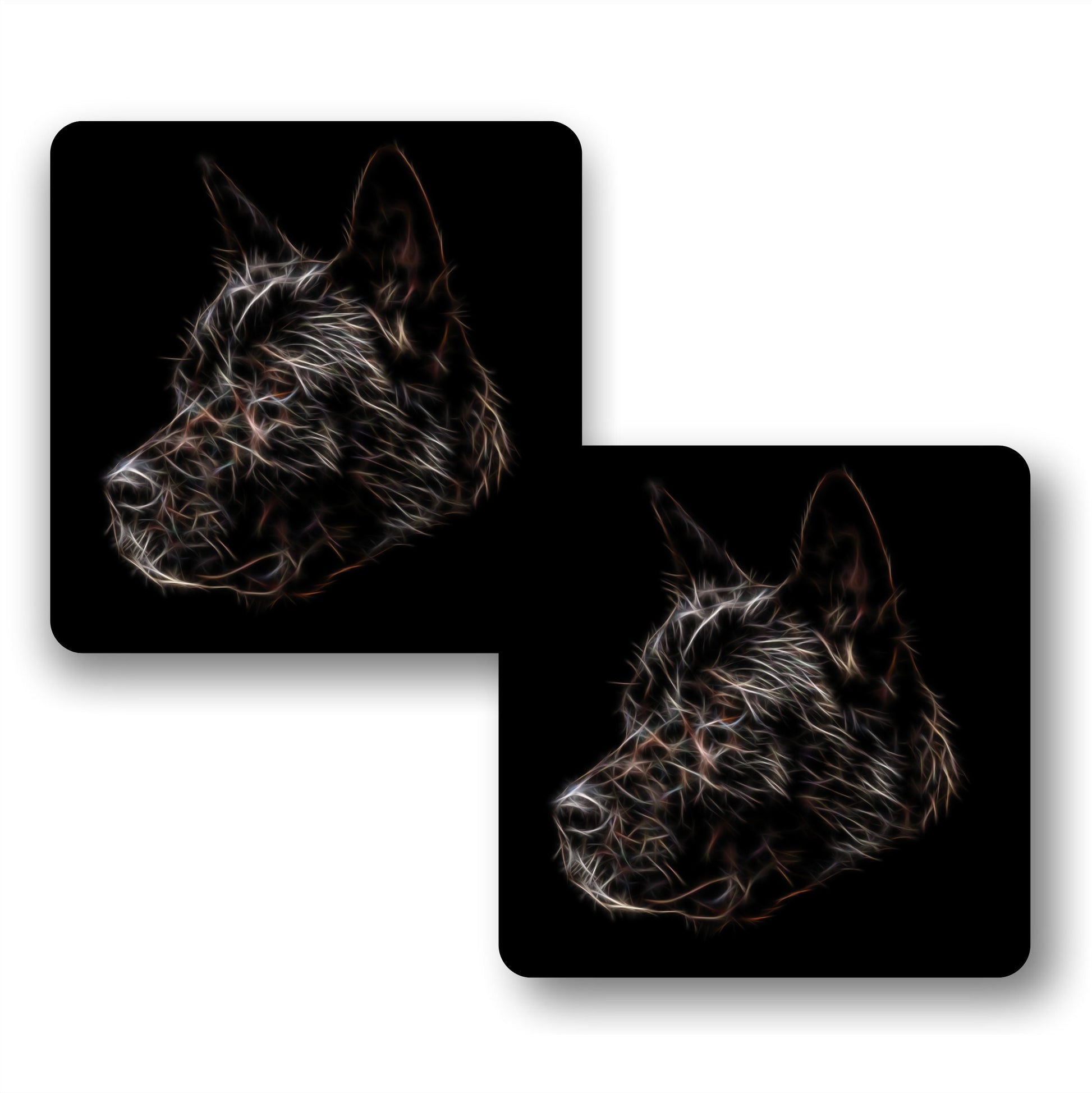 Black American Akita Coasters, Set of 2, with Stunning Fractal Art Design.