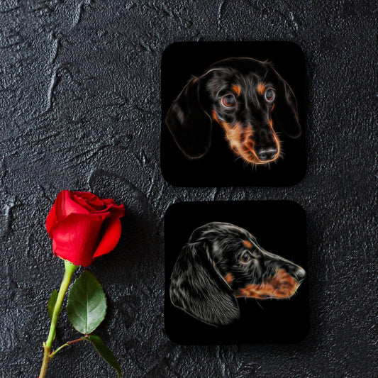 Black and Tan Dachshund Coasters, Set of 2, with Stunning Fractal Art Design