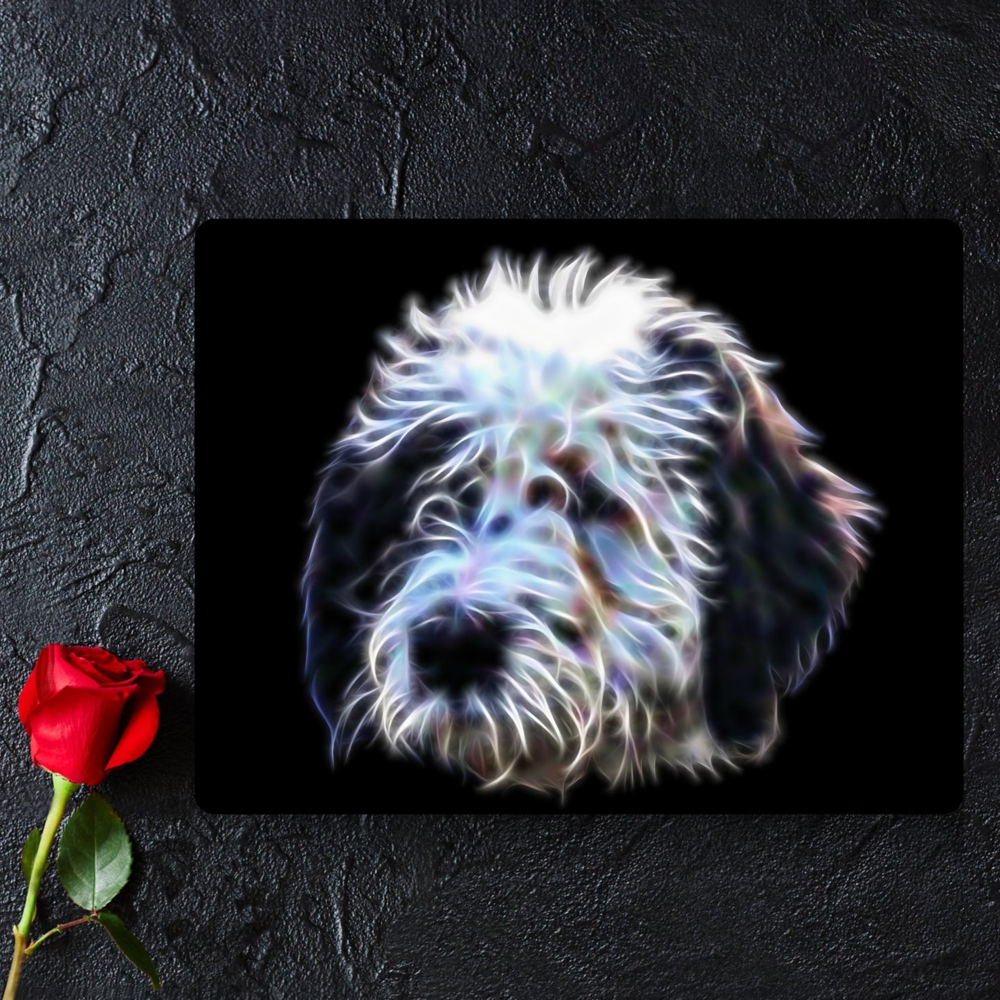 Sheepadoodle Metal Wall Plaque with Stunning Fractal Art Design. Also available as Mouse Pad, Keychain or Coaster.