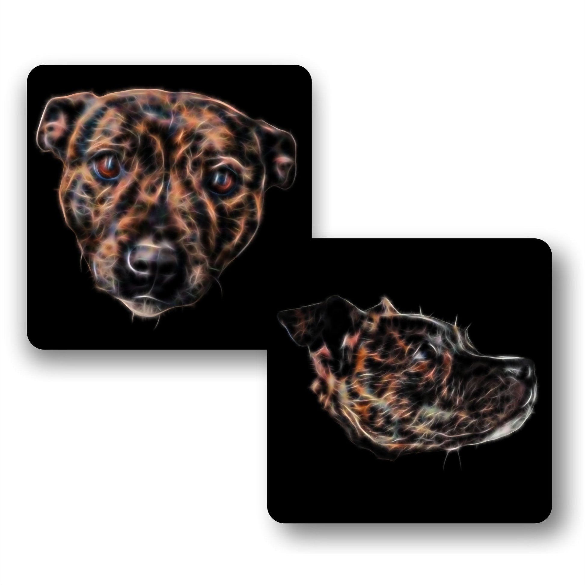 Brindle Staffordshire Bull Terrier Coasters, Set of 2, with Stunning Fractal Art Design. Perfect Dog Owner Gift.