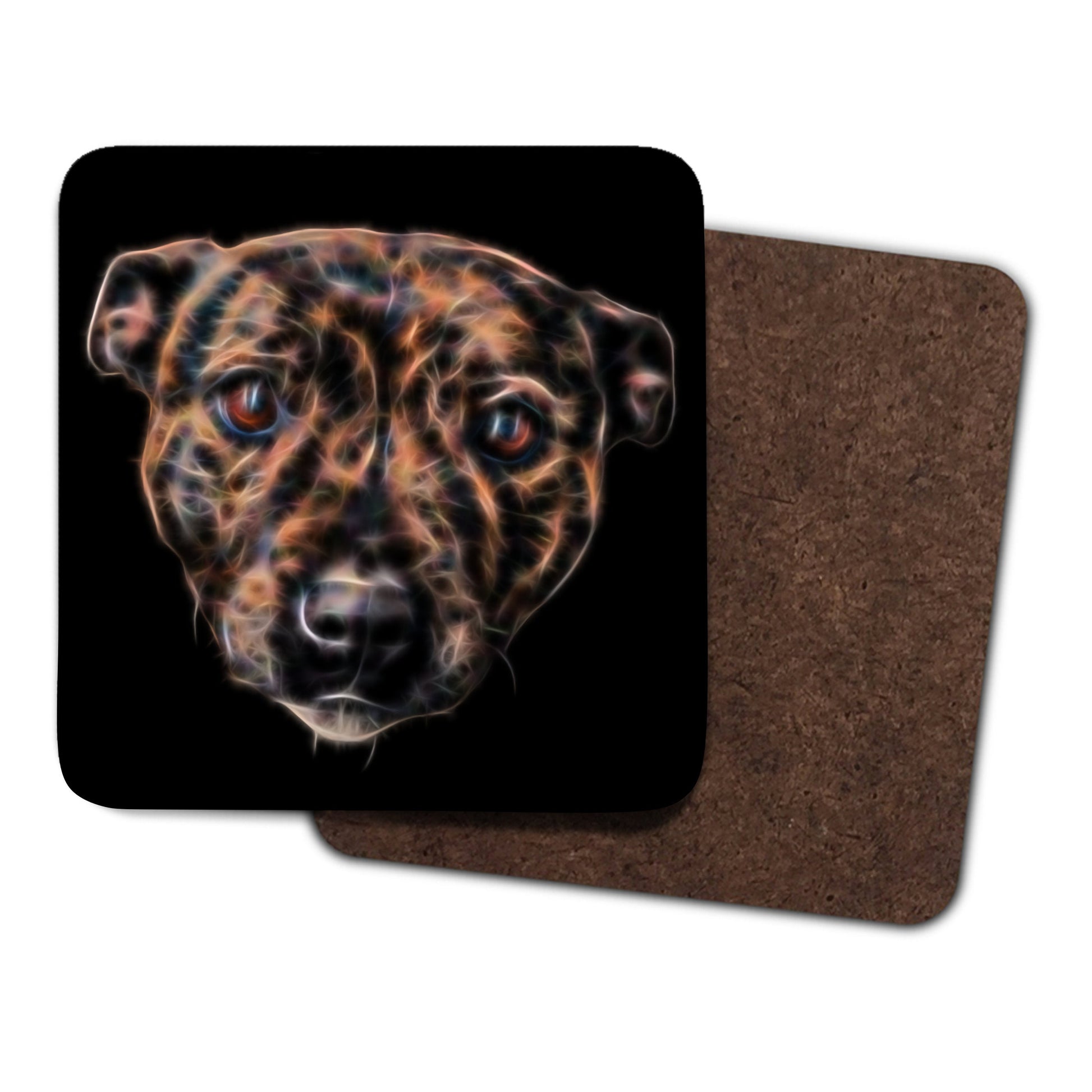 Brindle Staffordshire Bull Terrier Coasters, Set of 2, with Stunning Fractal Art Design. Perfect Dog Owner Gift.