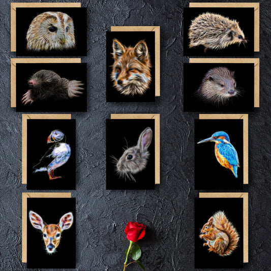 British Wildlife Greeting Cards (Blank Inside). A Selection of Designs. Including Rabbit, Otter, Fox, Puffin, Owl, Squirrel, Deer, Hedgehog