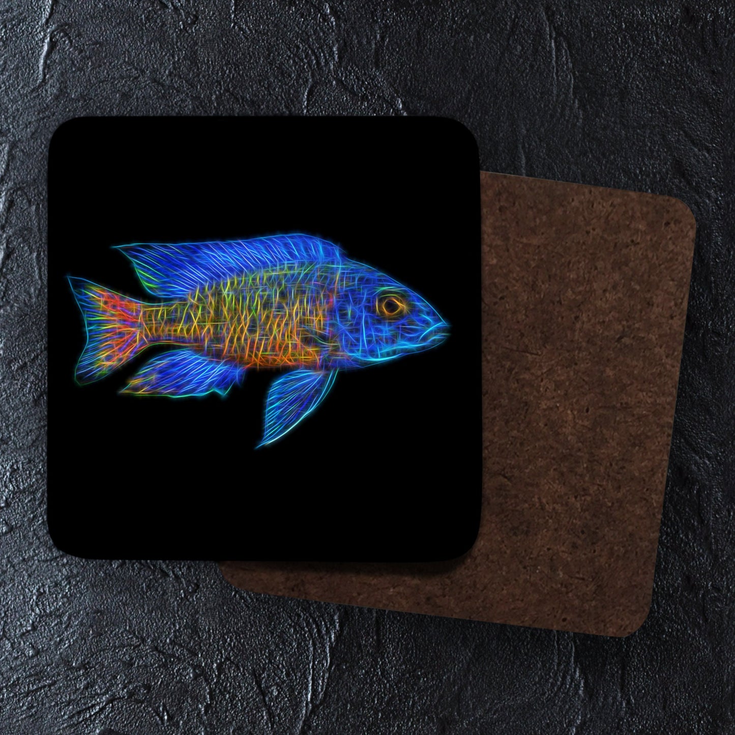 Peacock Cichlid Coaster with Stunning Fractal Art Design. Choose One of 12 Aulonocara Designs