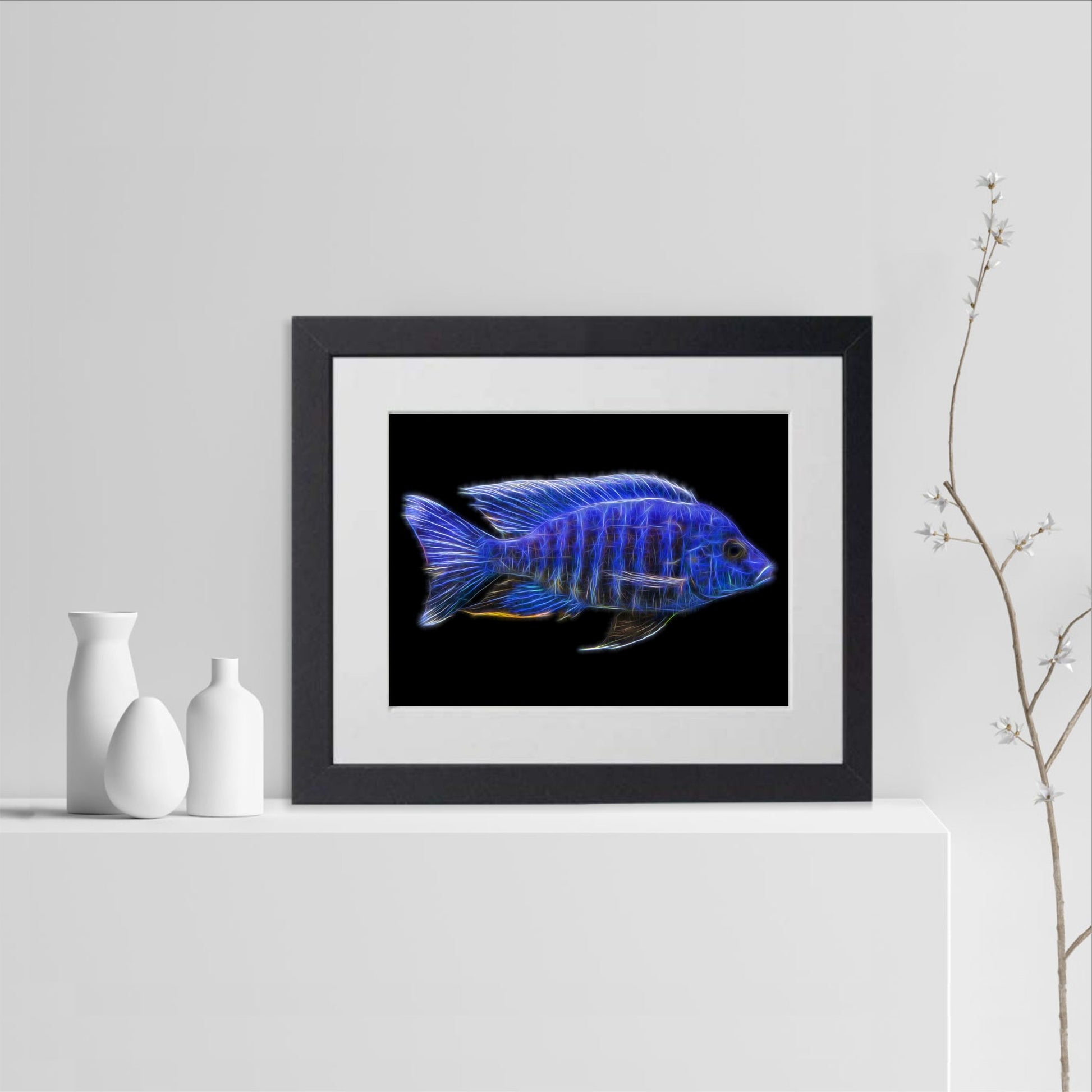 Blue Regal Peacock Cichlid Fish Print with Stunning Fractal Art Design. Aulonocara
