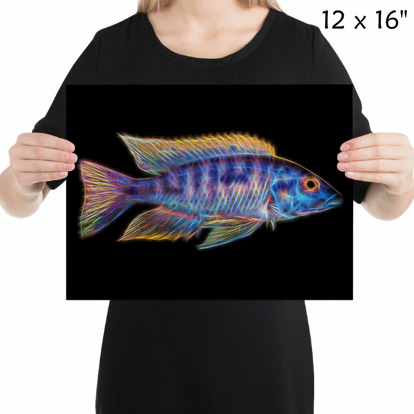 Blue Gold Orange Shoulder Peacock Cichlid Fish Print with Stunning Fractal Art Design. Aulonocara