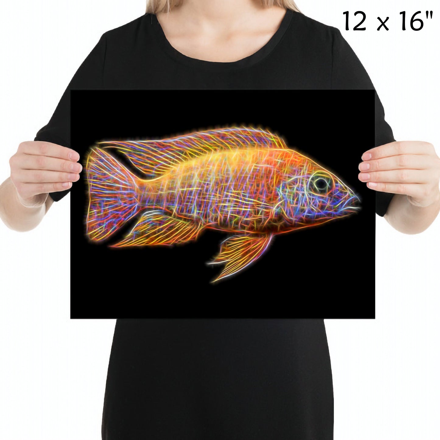 Ruby Red Peacock Cichlid Fish Print with Stunning Fractal Art Design. Aulonocara