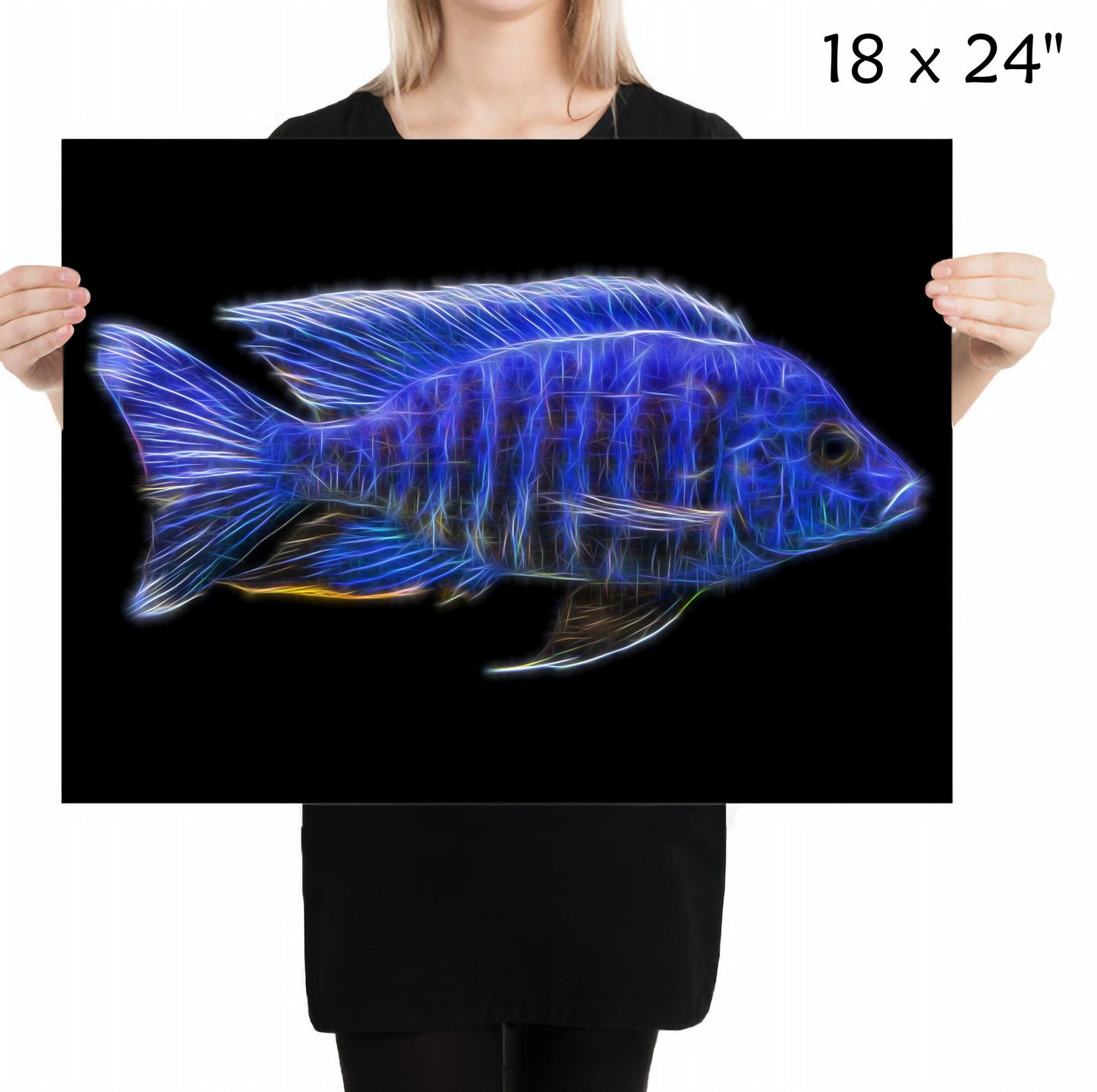 Blue Regal Peacock Cichlid Fish Print with Stunning Fractal Art Design. Aulonocara