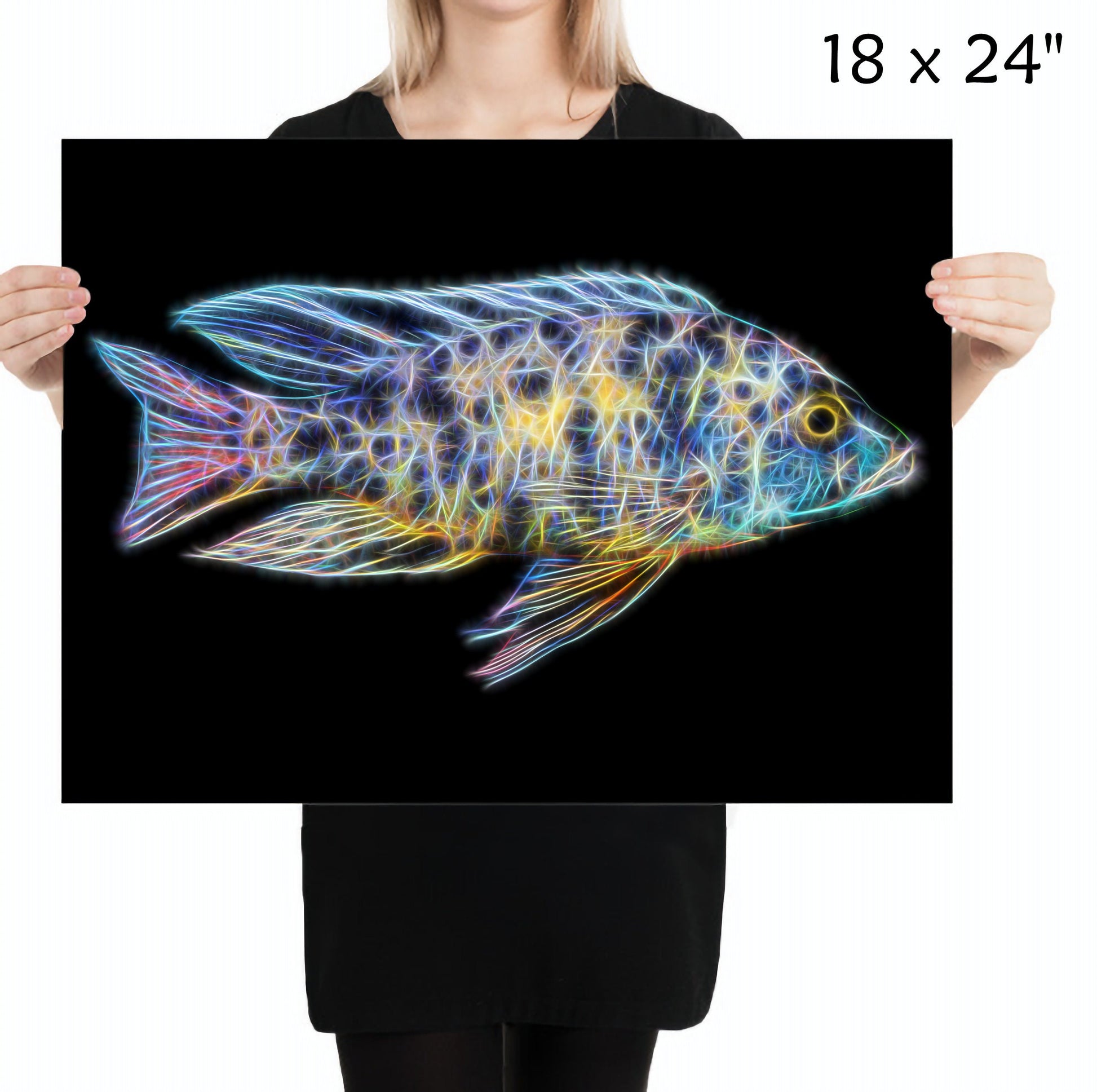 Yellow OB Peacock Cichlid Fish Print with Stunning Fractal Art Design. Aulonocara