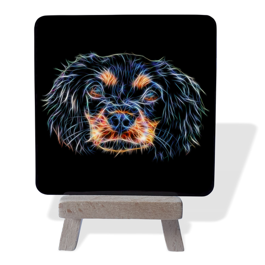 King Charles Spaniel - Black and Tan King Charles Spaniel Metal Plaque and Mini Easel with Fractal Art Design