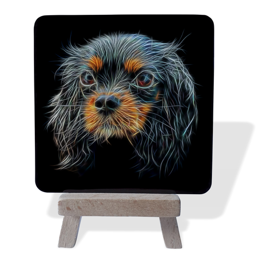 King Charles Spaniel - Black and Tan King Charles Spaniel #1 Metal Plaque and Mini Easel with Fractal Art Design