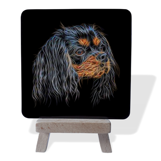 King Charles Spaniel - Black and Tan King Charles Spaniel #2 Metal Plaque and Mini Easel with Fractal Art Design