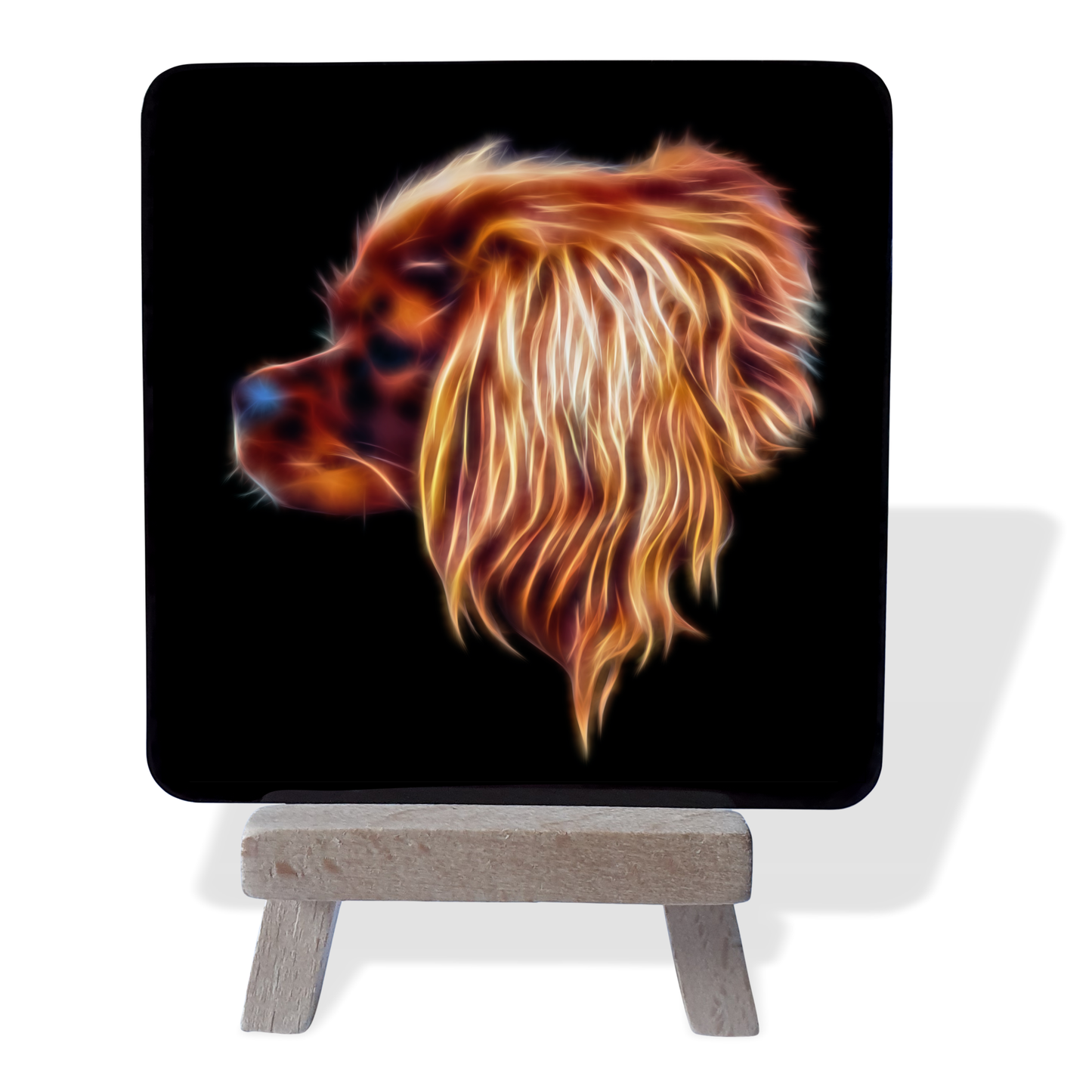 King Charles Spaniel -  Ruby King Charles Spaniel Metal Plaque and Mini Easel with Fractal Art Design