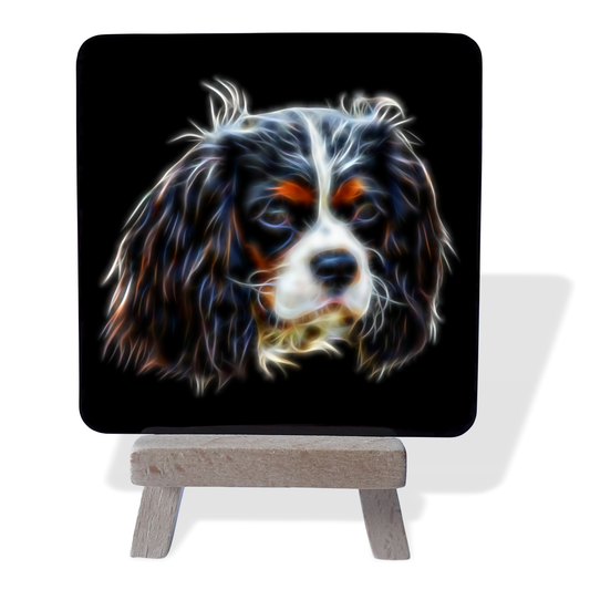 King Charles Spaniel -  Tri-coloured King Charles Spaniel Metal Plaque and Mini Easel with Fractal Art Design