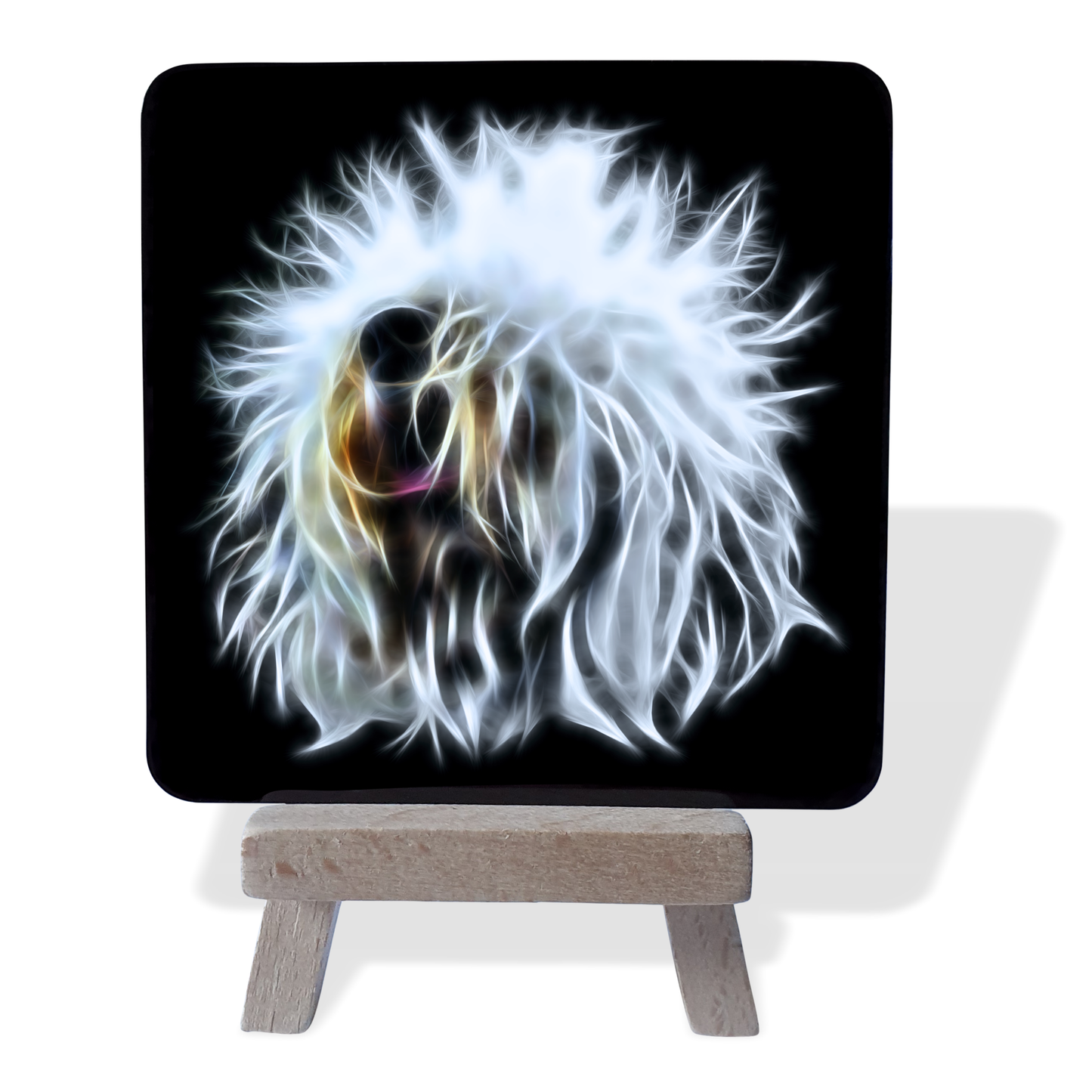 Old English Sheepdog Metal Plaque and Mini Easel with Fractal Art Design #1