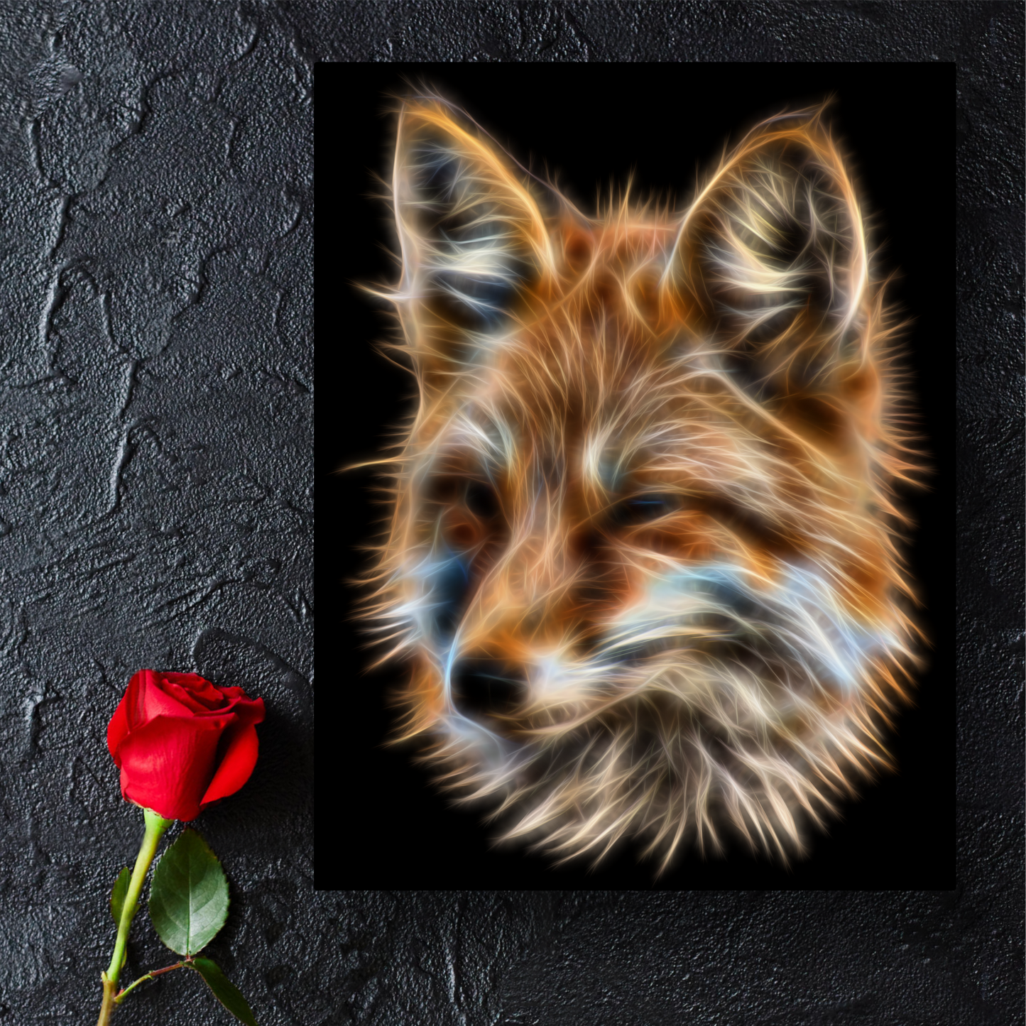 Fox Metal Wall Plaque with Stunning Fractal Art Design. Also available as Mouse Pad, Keychain or Coaster.