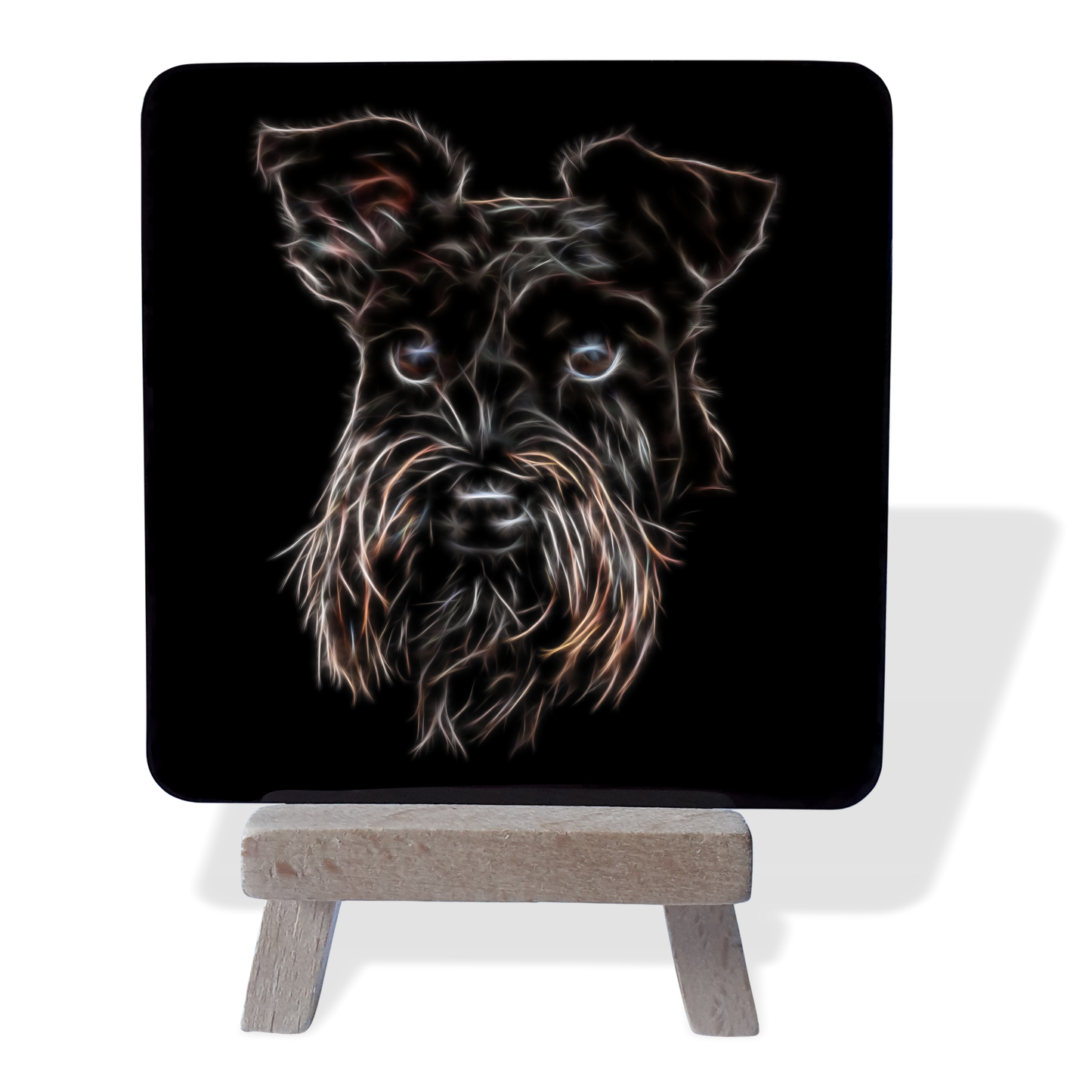 Black Schnauzer #4 Metal Plaque and Mini Easel with Fractal Art Design